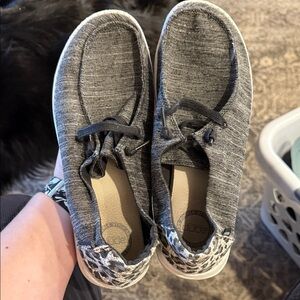 Hey Dude Gray Knit Shoes with Leopard Accent